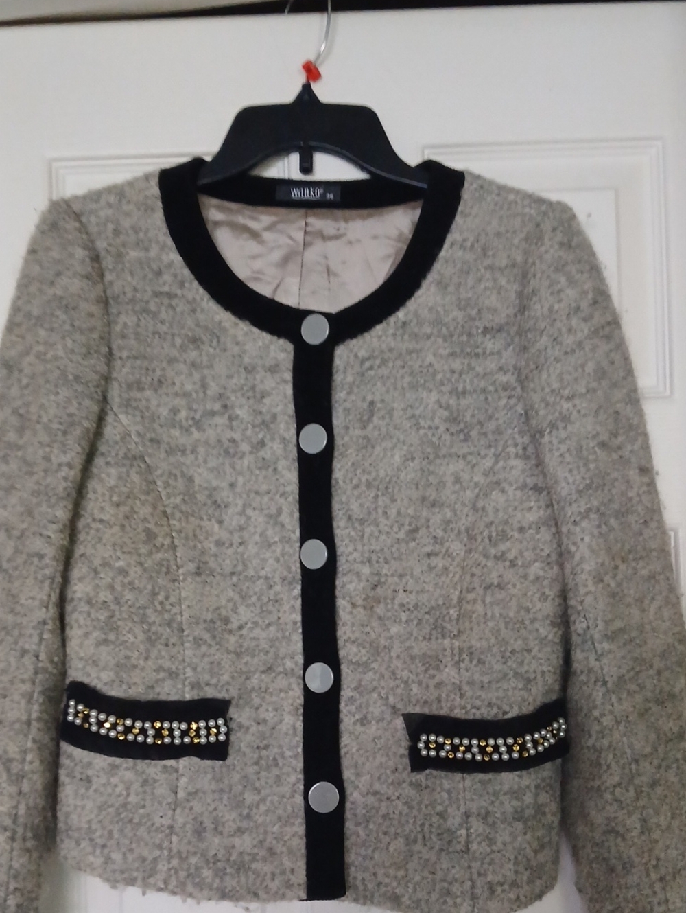 Gray Tweed Jacket with Black Trim